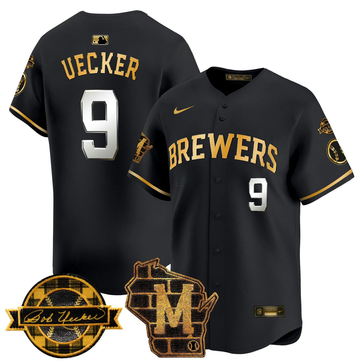 MLB Men’s Milwaukee Home & Bob Uecker Patch Vapor Premier Limited Jersey