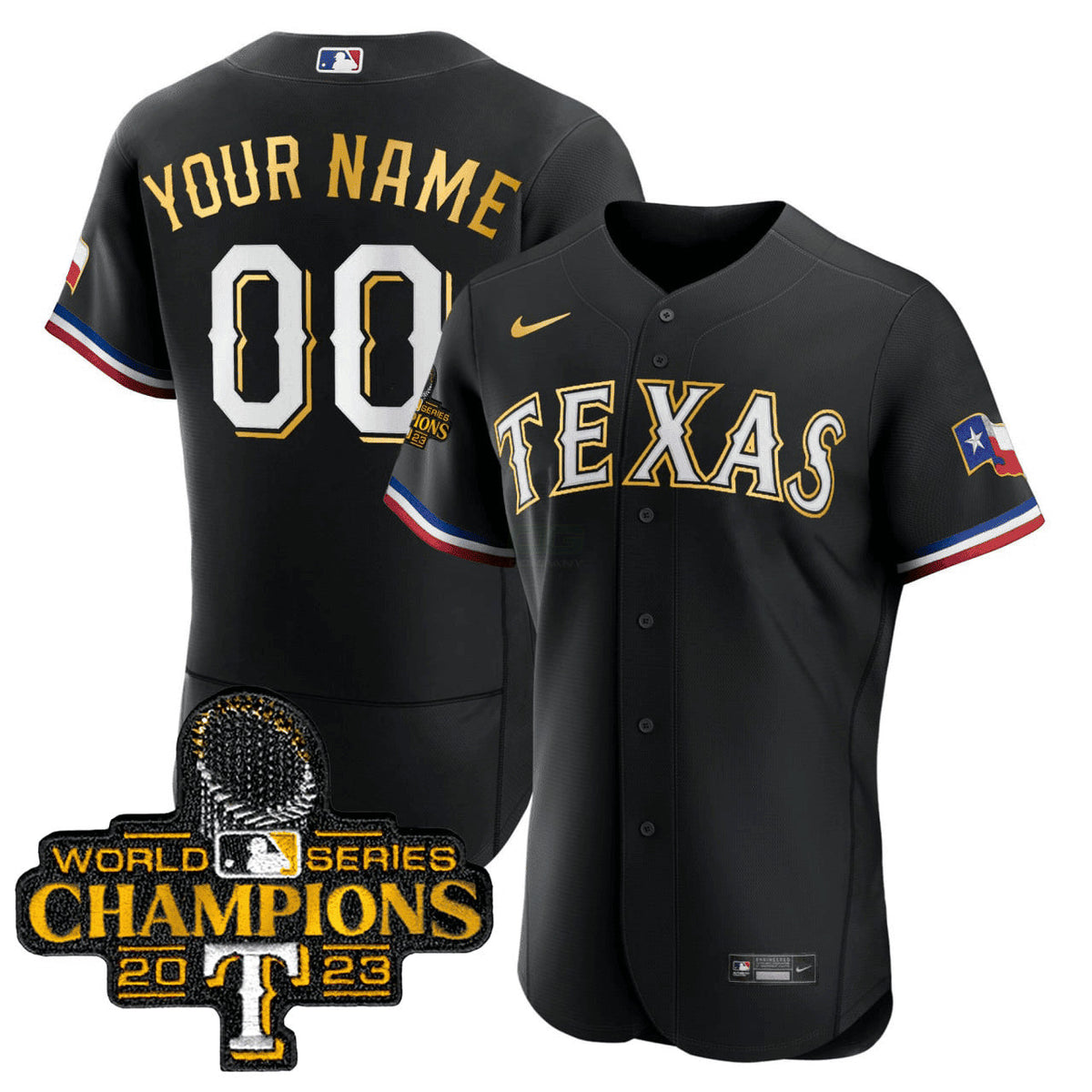 MLB Texas 2023 World Series Champions Flex Base Gold Trim Jersey - Black