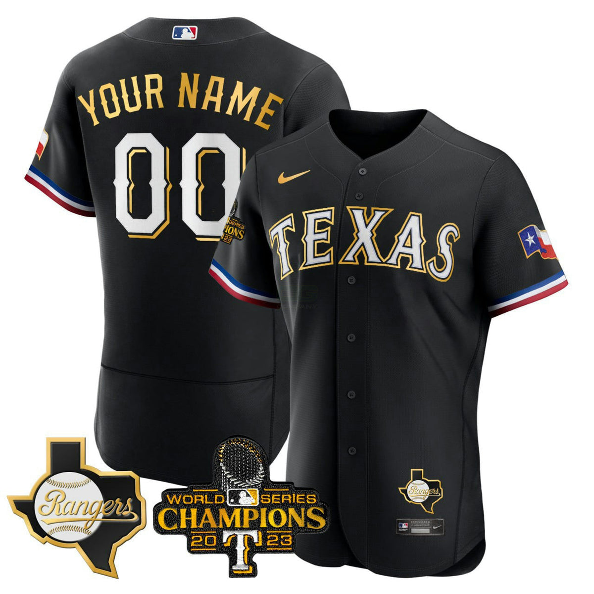 MLB Texas 2023 World Series Champions Patch Flex Base Gold Trim Jersey - Black