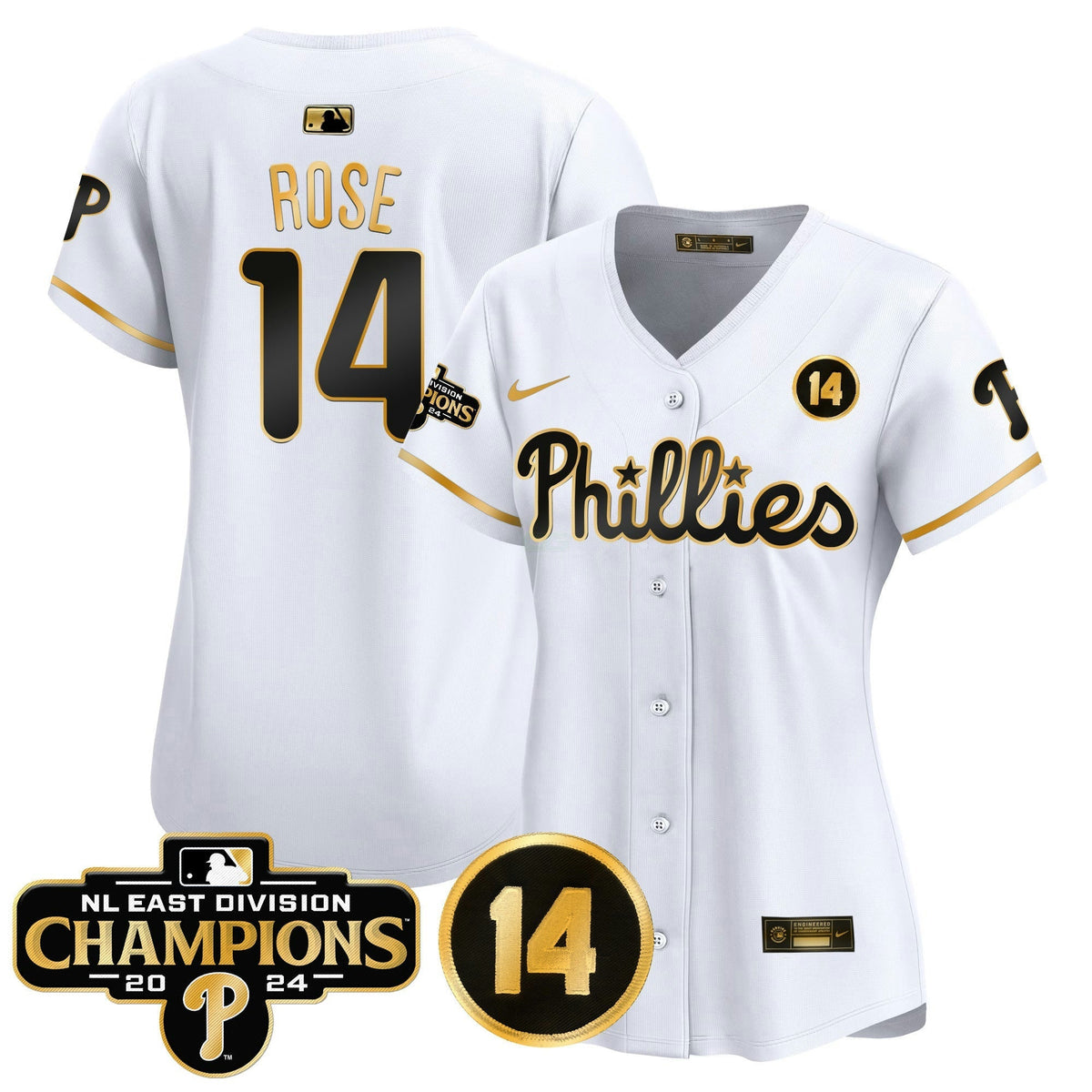 MLB Women’s 2024 NL East Division Champions & Pete Rose Patch Gold Vapor Premier Limited Jersey