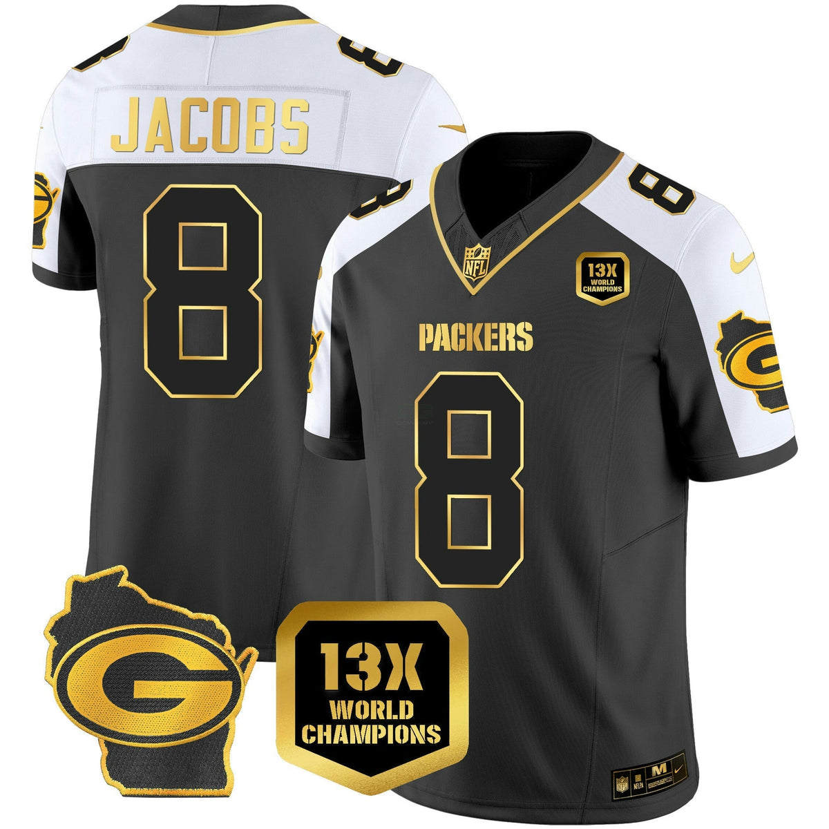 NFL Josh Jacobs 13 Time World Champions & Home Patch Gold Vapor Jersey