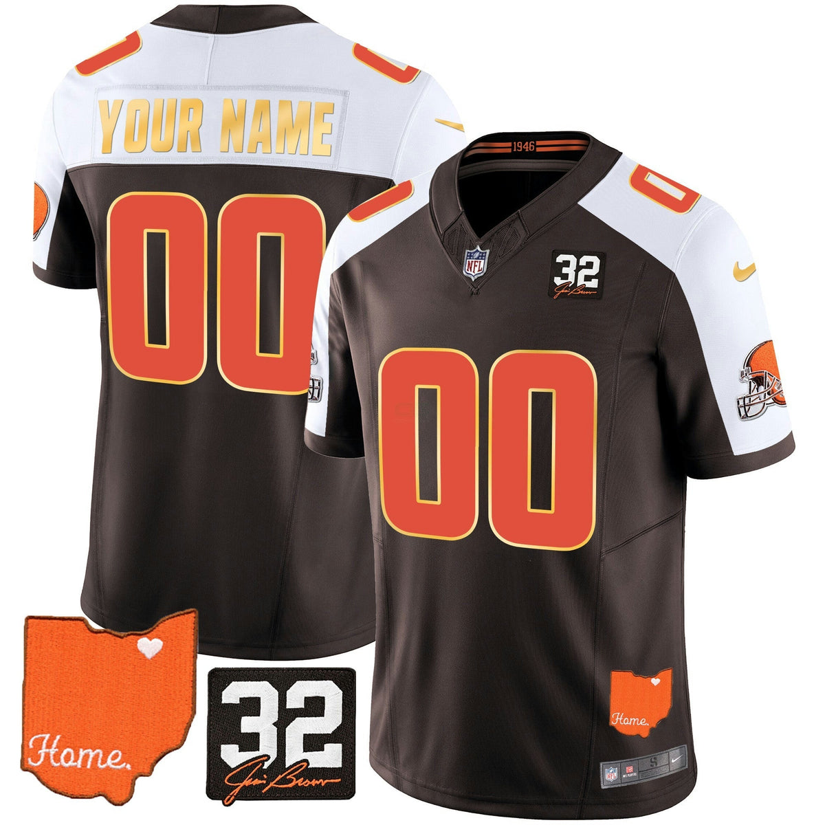 NFL Men’s #32 Jim Brown Memorial & Home Patch Gold Trim Jersey - Custom