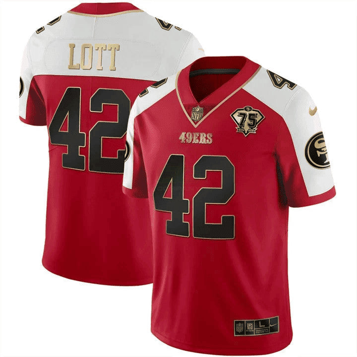 Jersey NFL Men’s Ronnie Lott 75th Anniversary Patch Vapor Black Red Gold Limited