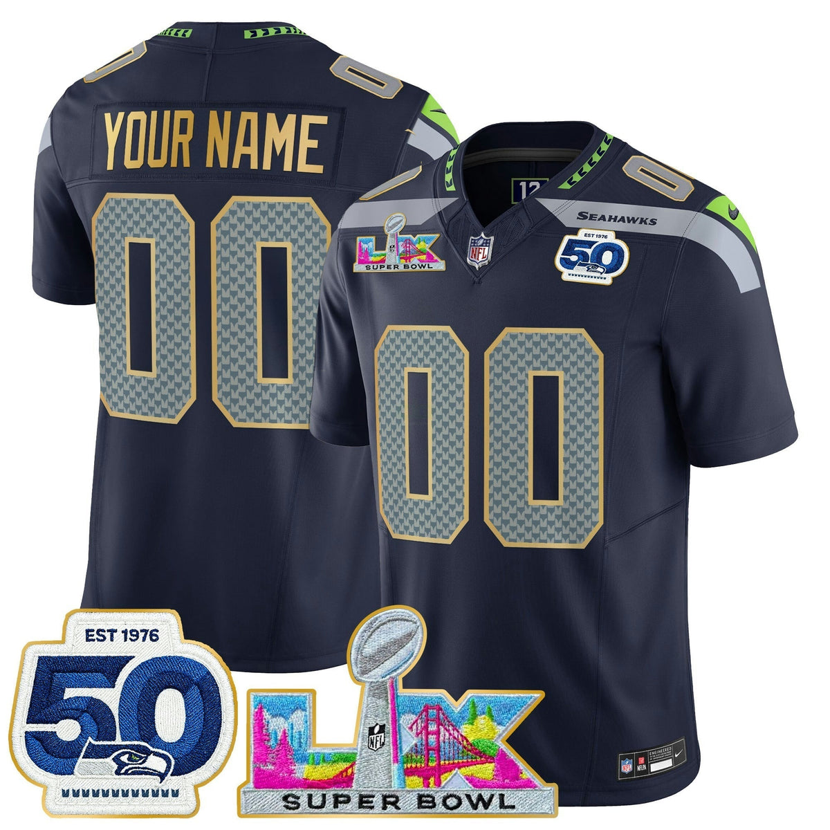 NFL Seattle “Super Bowl LX & 50th Patch” Gold Trim Vapor Limited Jersey