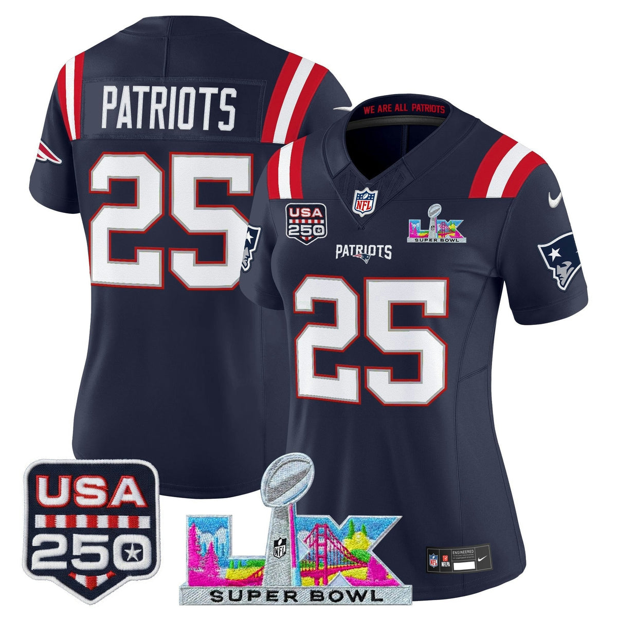 NFL Women’s New England “Super Bowl LX & United States 250th Anniversary Patch” Vapor Limited Jersey