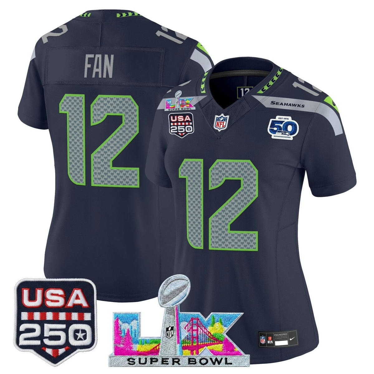 NFL Women’s Seattle “Super Bowl LX & United States 250th Anniversary Patch” Vapor Limited Jersey